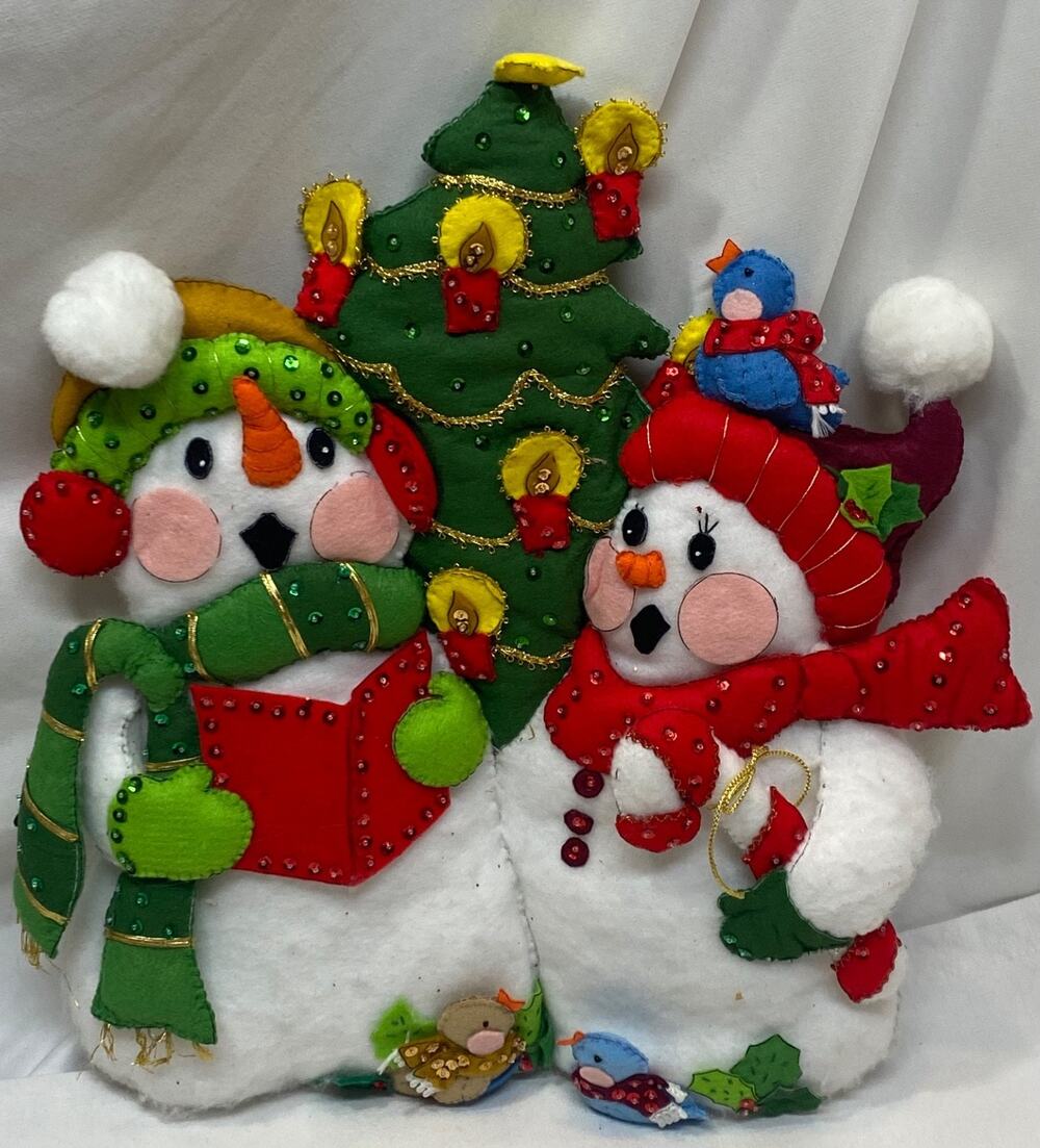 Completed VTG Bucilla-Style Felt Sequin Singing Mr. Mrs. Snowman Wall Hanging